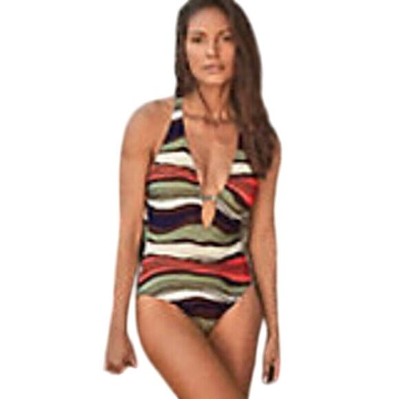 Vince Camuto Tidal Stripe One-Piece Swimsuit Plunge Vneck Ruching bottom Size 10 - Picture 1 of 11